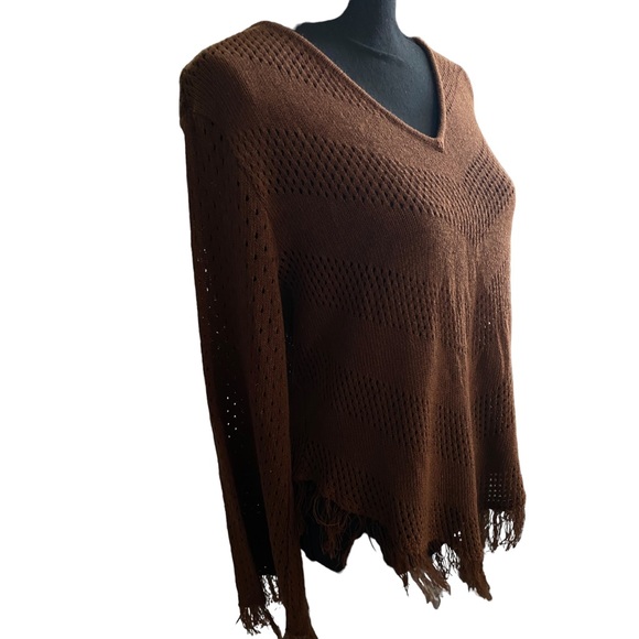 Fringed BoHo Y2K V-neck asymmetrical chevron knitted stripe brown sweater - Picture 6 of 10